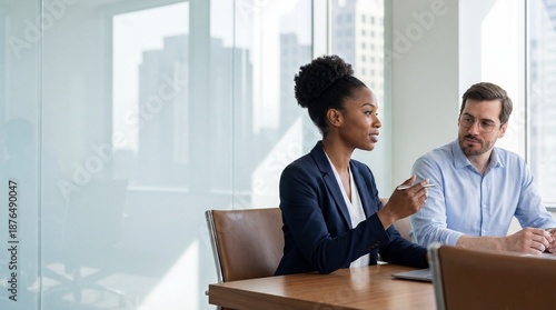 Diverse professional colleagues, a Black woman and White man, in a strategic business meeting in a modern corporate boardroom.