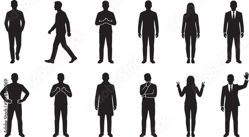 Set of Business Professional Silhouettes in Formal Suits with Various Hand Gestures and Poses Isolated on White Background for Corporate Leadership and Communication Concepts