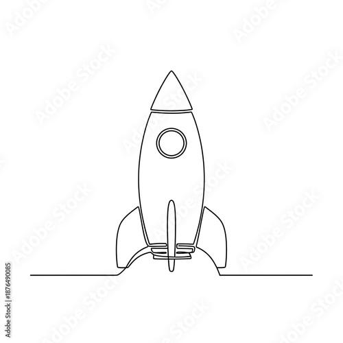 Simple continuous line drawing depicts a classic retro spaceship design ready for its groundbreaking launch into the vast unknown cosmos