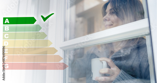 Relaxed woman with a warm mug looks through an energy efficient window featuring an overlaid energy rating scale, high thermal insulation and eco friendly home improvements for saving money