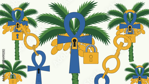 An illustration of Egyptian ankh symbols and padlocks hanging from palm trees with chains