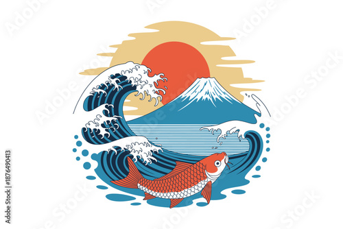 A vibrant vector graphic illustration of a koi fish swimming in a wave with Mount Fuji in the background at sunset