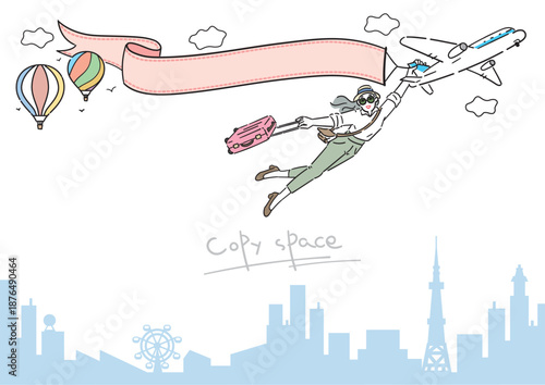 アクティブシニア 女性 旅行 イラスト コピースペース 横長 A判比率