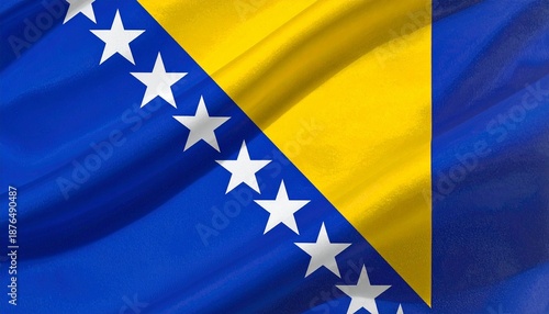A flag with a blue field, a yellow right triangle in the upper right corner, and white stars diagonally along the triangle’s hypotenuse, displayed against a white background, representing Bosnia and H