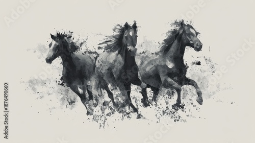 Running horse trio in black and white abstract watercolor style. Dynamic animal art print for wall decoration or graphic design element.