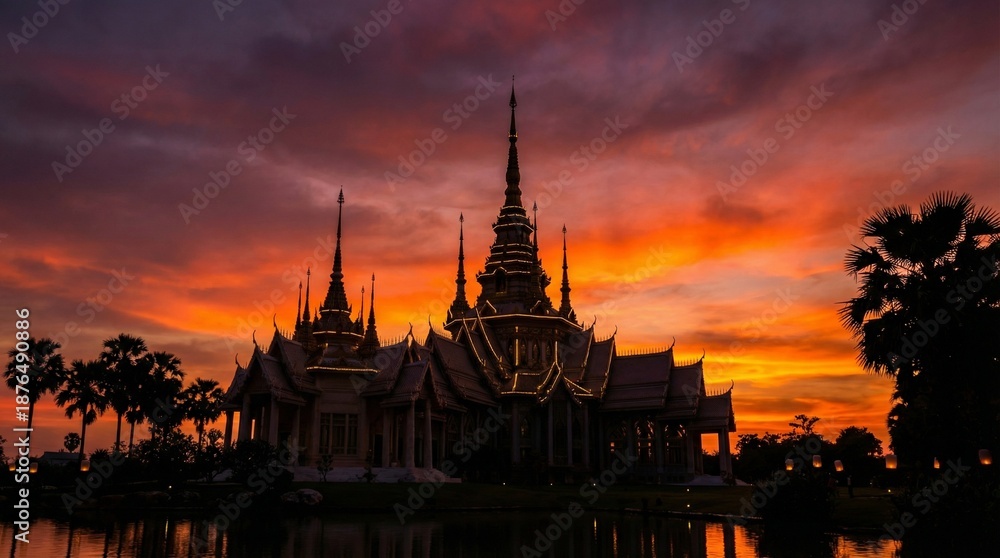 Fototapeta premium Sunset view of traditional Thai temple reflecting in water at twilight - Concept of Songkran 