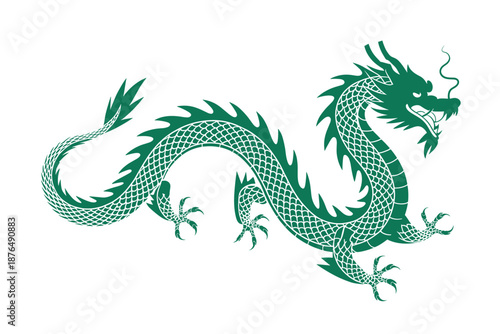 A green dragon vector graphic illustration with a scaly body and fiery spikes
