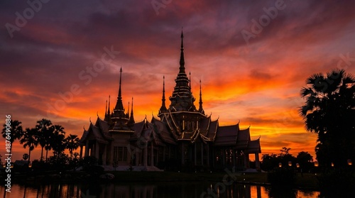 Sunset view of traditional Thai temple reflecting in water at twilight - Concept of Songkran  