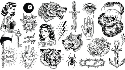 Collection of traditional tattoo flash designs featuring skulls animals and vintage motifs