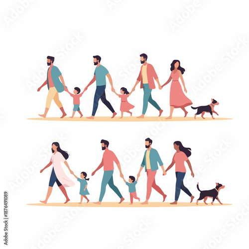 Diverse modern families walking together, holding hands with their children and pet dog, illustrating love, unity, and family diversity in flat vector style.
