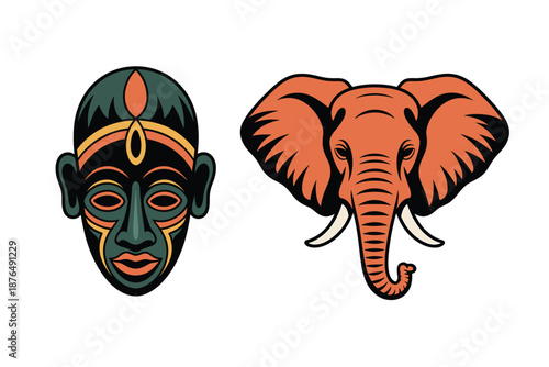 A vibrant vector graphic illustration of an African mask and an elephant head in a flat, minimal design style
