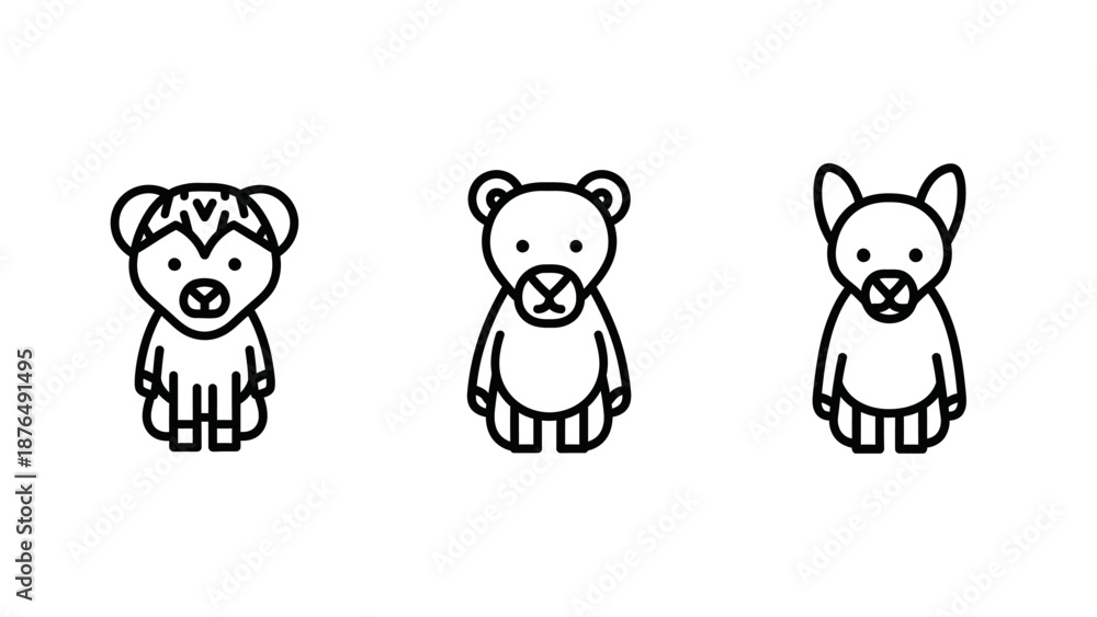 Obraz premium Cute Line Art Animal Icons: Bear, Dog, and Monkey