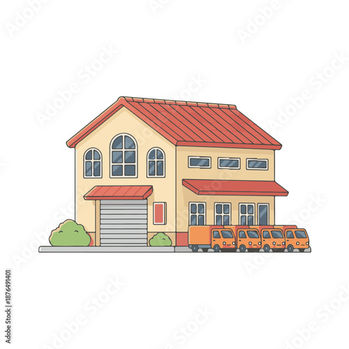 A colorful illustration of a bus depot with multiple buses parked outside a building with large windows and a red roof, surrounded by green bushes