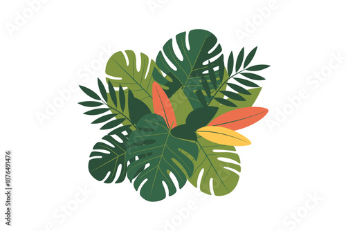 A vibrant vector illustration of tropical leaves in various shades of green, orange, and yellow on a white background