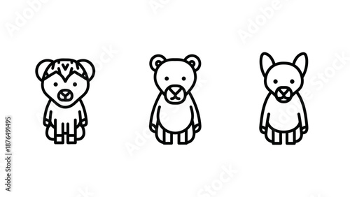 Cute Line Art Animal Icons: Bear, Dog, and Monkey