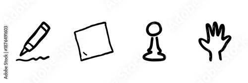 Marker, Sticky Note, Chess Pawn, And Hand Line Icon Set In Doodle Style. Creative Planning, Strategy, And Interaction Outline Sketch Collection. Hand Drawn Isolated Vector Illustration
