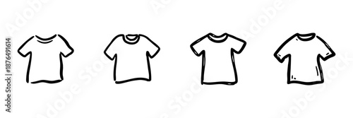 T-Shirt Line Icon Set In Doodle Style. Casual Clothing, Fashion Apparel, And Wardrobe Essentials Outline Sketch Collection. Hand Drawn Isolated Vector Illustration