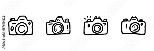 Camera Line Icon Set In Doodle Style. Photography Equipment, Digital Camera, And Snapshot Outline Sketch Collection. Hand Drawn Isolated Vector Illustration