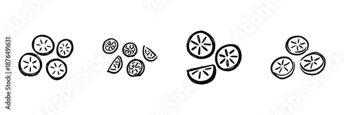 Sliced Citrus Fruits Line Icon Set In Doodle Style. Freshness, Vitamin C, And Healthy Eating Outline Sketch Collection. Hand Drawn Isolated Vector Illustration