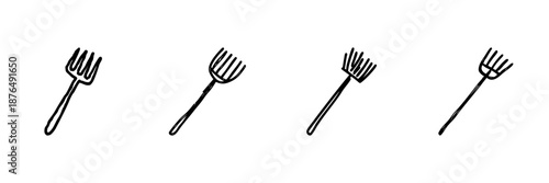 Four Fork Line Icon Set In Doodle Style. Culinary Utensils And Dining Tools Outline Sketch Collection. Kitchenware And Table Setting Elements. Hand Drawn Isolated Vector Illustration