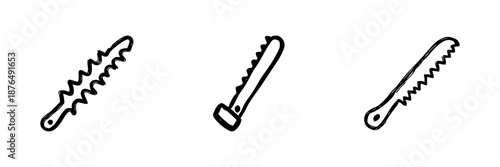 Saw Blade Tools Line Icon Set In Doodle Style. Woodworking, Carpentry, And Cutting Equipment Outline Sketch Collection. Hand Drawn Isolated Vector Illustration