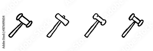 Gavel Line Icon Set In Doodle Style. Legal Decision Making, Auction Bidding, And Justice Representation Outline Sketch Collection. Hand Drawn Isolated Vector Illustration