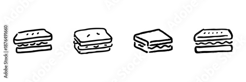 Sandwich Line Icon Set In Doodle Style. Fast Food, Snack, And Meal Representation Outline Sketch Collection. Hand Drawn Isolated Vector Illustration