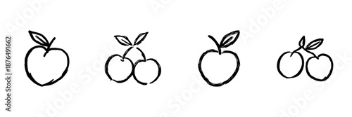 Apple And Cherry Line Icon Set In Doodle Style. Fruit Symbolism And Healthy Eating Outline Sketch Collection. Hand Drawn Isolated Vector Illustration