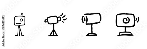 Robot And Camera Line Icon Set In Doodle Style. Technology, Surveillance, And Communication Devices Outline Sketch Collection. Hand Drawn Isolated Vector Illustration