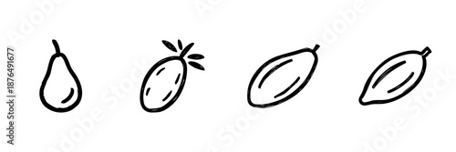 Pear, Mango, And Papaya Line Icon Set In Doodle Style. Tropical Fruit Variety And Healthy Eating Outline Sketch Collection. Hand Drawn Isolated Vector Illustration