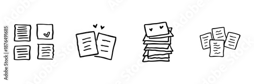 Documents And Papers Line Icon Set In Doodle Style. Organization, Communication, And Information Sharing Outline Sketch Collection. Hand Drawn Isolated Vector Illustration