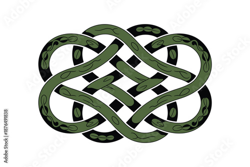 A vector graphic illustration of a Celtic knot design featuring intertwined snakes in green and black colors