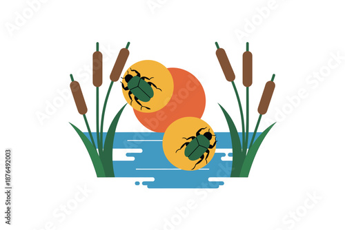 A colorful vector illustration of two beetles on yellow circles surrounded by cattails and water