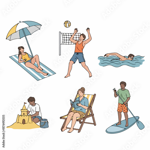 Summer beach activities illustration set: people sunbathing, playing volleyball, swimming, stand-up paddleboarding, reading, and building sandcastles.