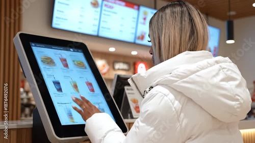 Woman orders food using an interactive digital touchscreen menu in a bright restaurant.