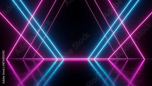 Abstract neon pink and blue laser light lines in dark empty room with reflective floor