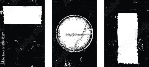 Distressed masks overlays set, rough edges, grunge textured space for text. Grungy poster layers set. Design element for brochure, social media, posters, flyers. Overlay texture.