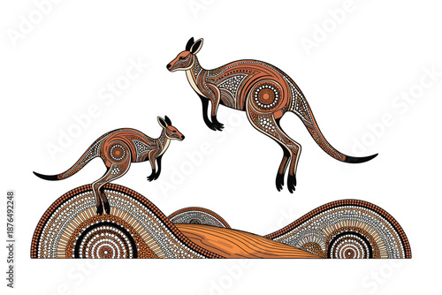 A colorful illustration of two kangaroos standing on a patterned hill in a vector graphic design
