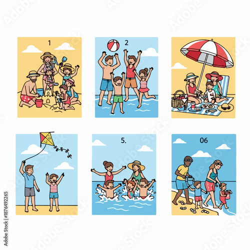 Six colorful illustrations depicting diverse families enjoying various summer vacation activities at the beach and seaside.