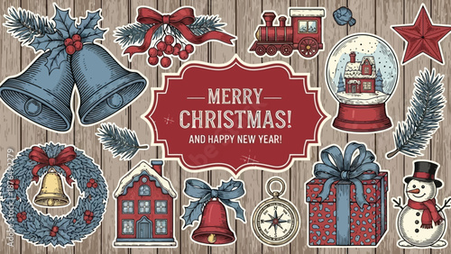Festive christmas illustrations with classic ornaments gifts and a charming winter scene