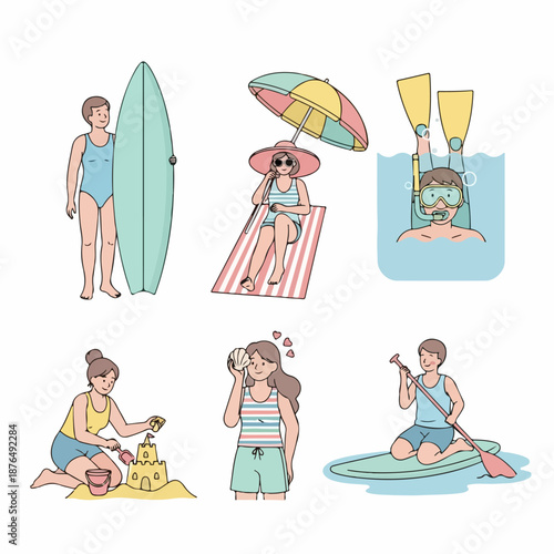 Collection of Summer Beach Activities and Water Sports illustrations: Surfing, Snorkeling, Paddleboarding, Sunbathing, and Sandcastles.