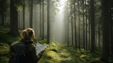 Leinwandbilder Khaki Woman with backpack reading map in misty forest. Lost traveler searching for direction. Outdoor adventure and wilderness exploration concept.  © backup_studio