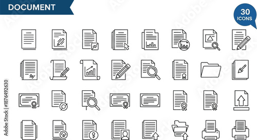 Collection of 30 document icons in various formats and actions