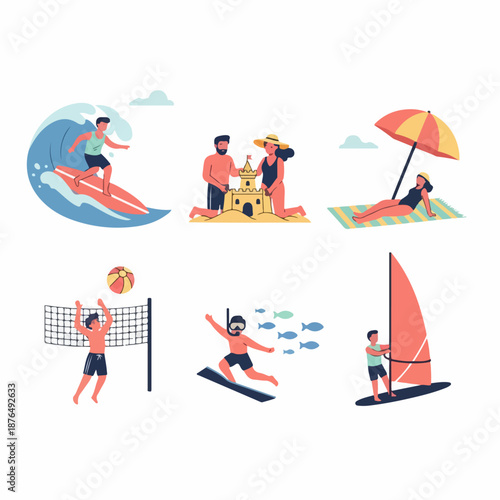 Beach and Summer Holiday Activities: Icons of Surfing, Sandcastles, Sunbathing, Volleyball, Snorkeling, and Windsurfing.