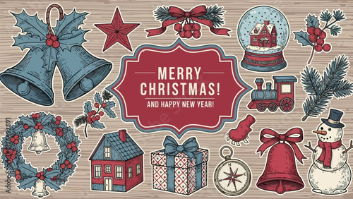 Festive christmas illustrations bells wreaths snow globes and holiday decorations
