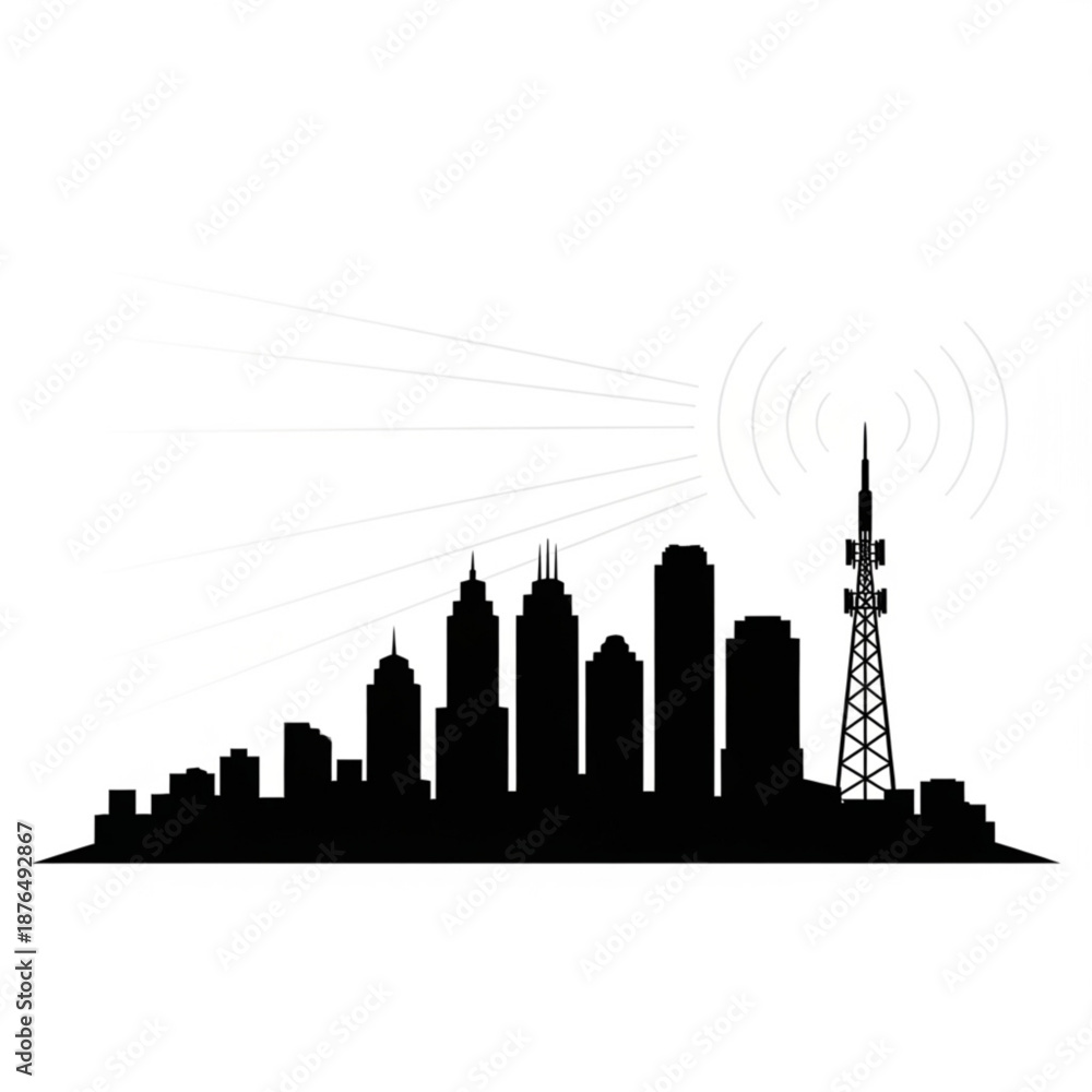 Obraz premium Modern cityscape with cell tower and signal waves emitting