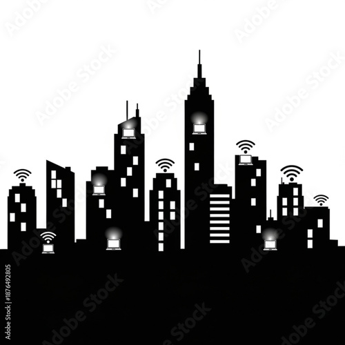 Modern cityscape with WiFi connected skyscrapers and laptops