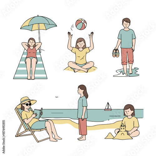 Summer beach vacation activities set featuring people relaxing, playing with a ball, sunbathing, reading, and building sandcastles by the sea.