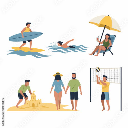 Flat vector illustration set of people engaged in various summer beach and ocean recreational activities.