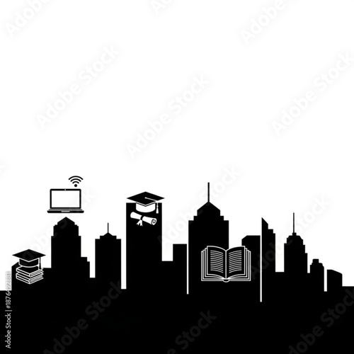 Modern cityscape with education icons and skyscrapers